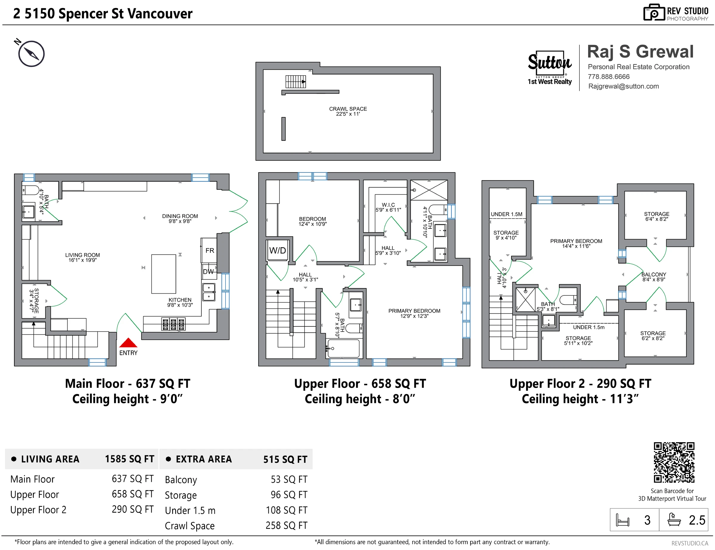 Measured floor plan of 2-5150 Spencer Street showing the main, upper and top floors with room dimensions
